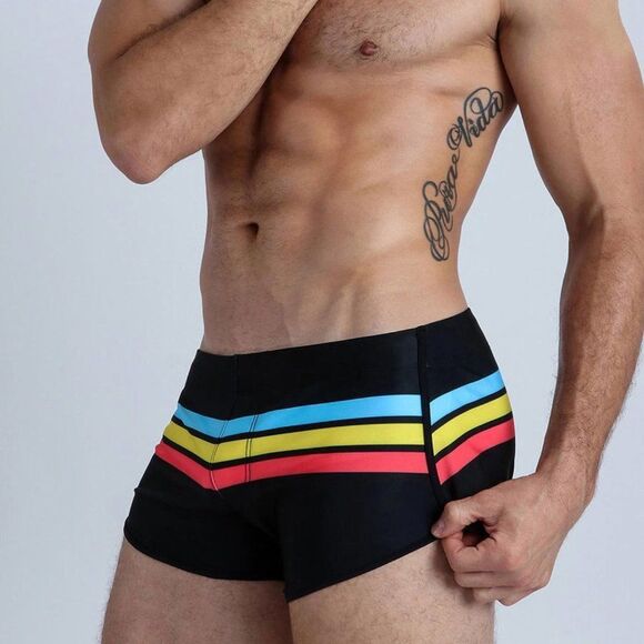 Men's Sexy Striped Swimwear Trunks Resort Shorts Black M - Picture 3 of 5